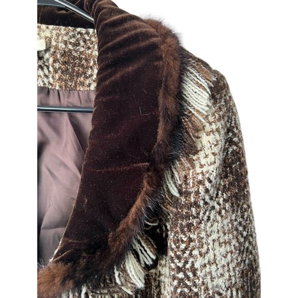 Cache Blazer Velvet/ fur trimmed Dark brown and Ivory Tweed Blazer.sz 8 Vtg - Picture 3 of 11